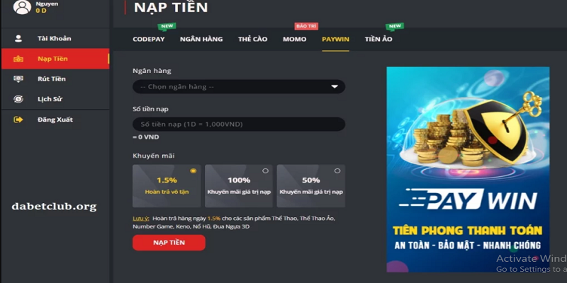 Điền đầy đủ các thông tin trong phương thức nạp tiền Dabet